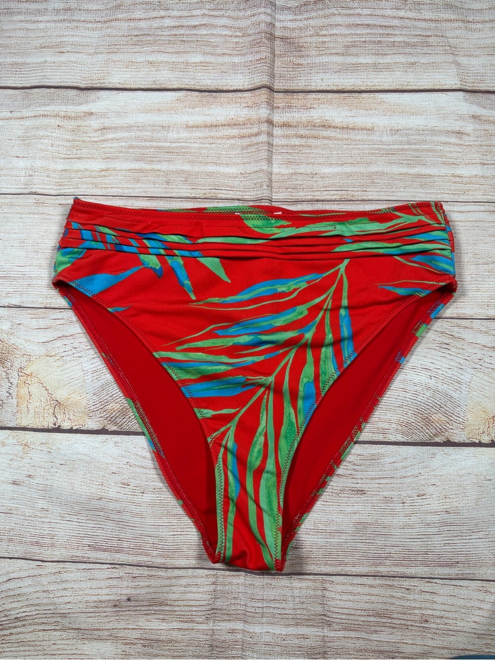 Ramy Brook Red Tropical Bikini Bottom with Green and Blue Leaf‎ Print